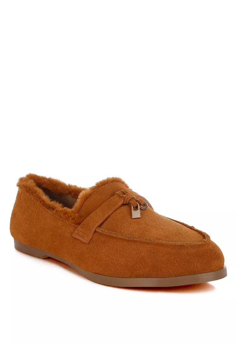 Suede & Faux Fur Flat Loafers In Tan