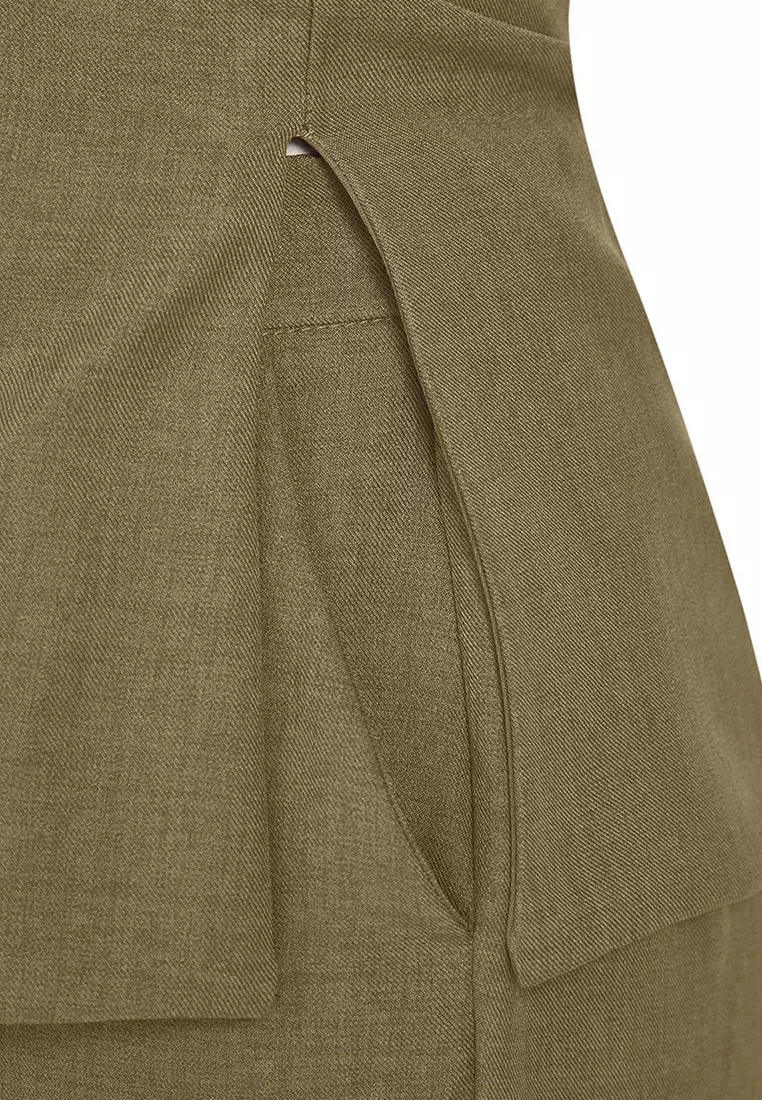 Khaki Linen Look Strapless Blouse And Pants Bottom Top Set