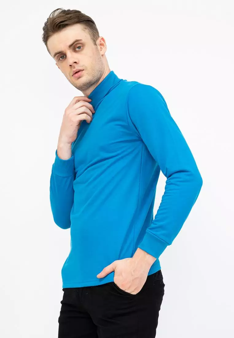 Turtle Neck pria lengan panjang biru muda kaos kerah tinggi slim fit houseofcuff