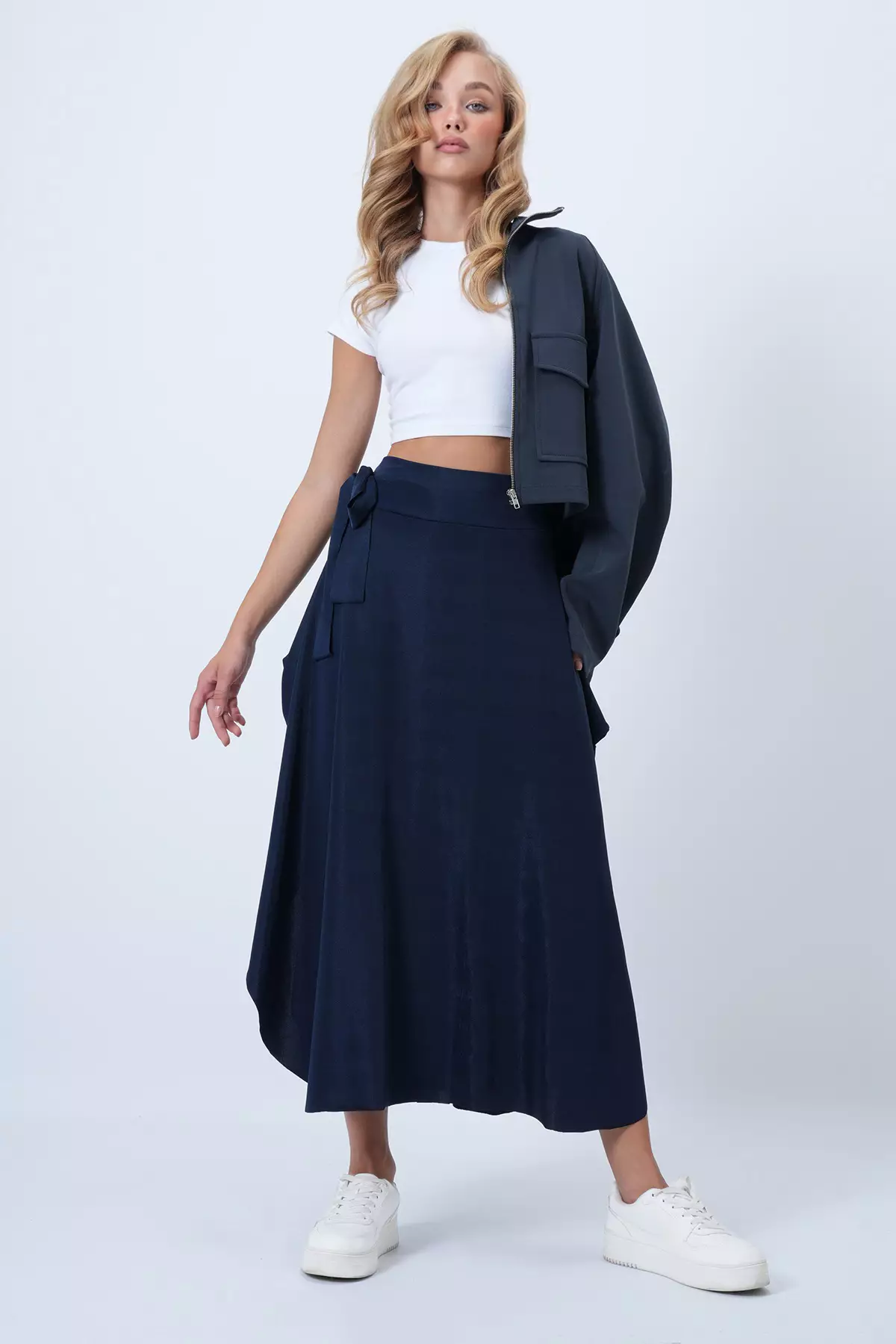 Women's Dark Navy Blue Asymmetrical Cut Tied Waist Skirt Alc-X5001