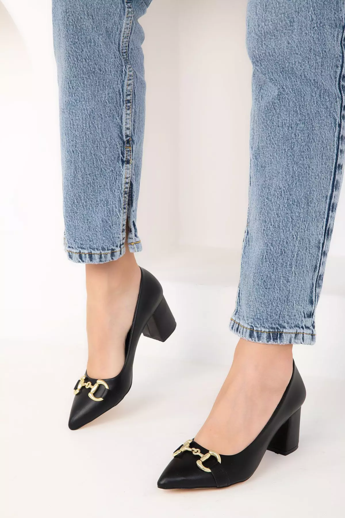 Faux Leather Heels with Accessory Detail