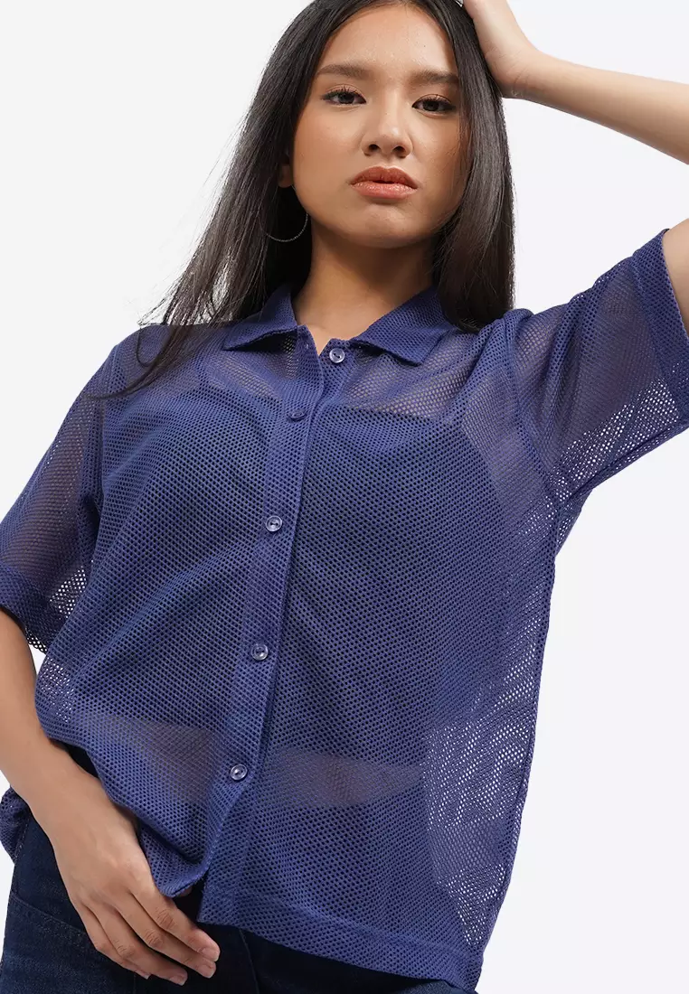 Short Sleeve Button Up Mesh Top