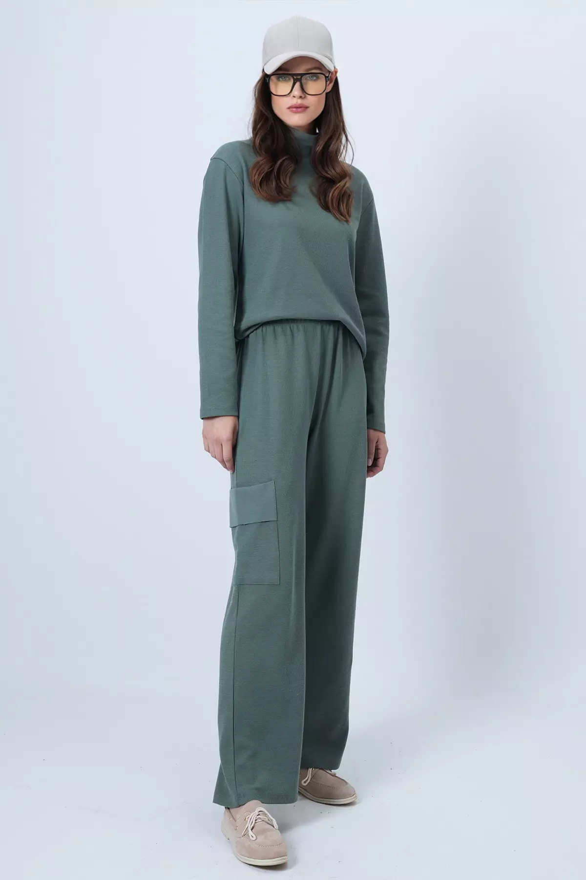 Green Turtleneck Soft Textured Oversize Blouse And Cargo Pants Set Alc-X14381