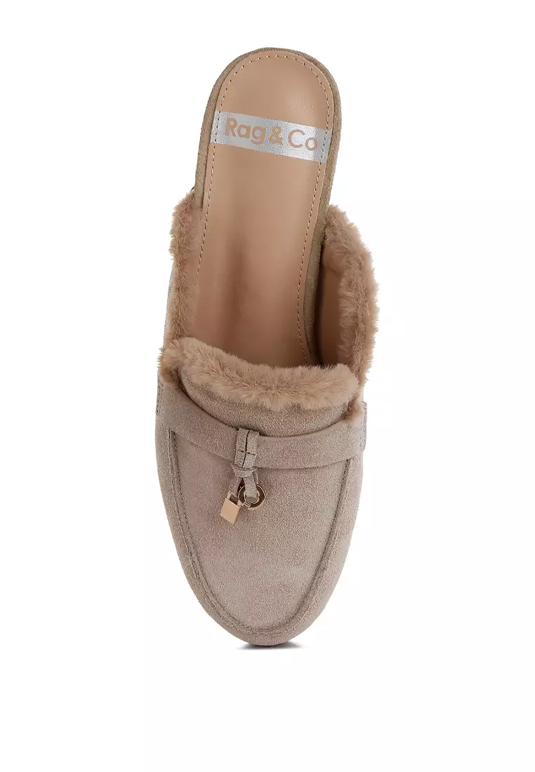 Suede & Faux Fur Slip-On Mules in Beige