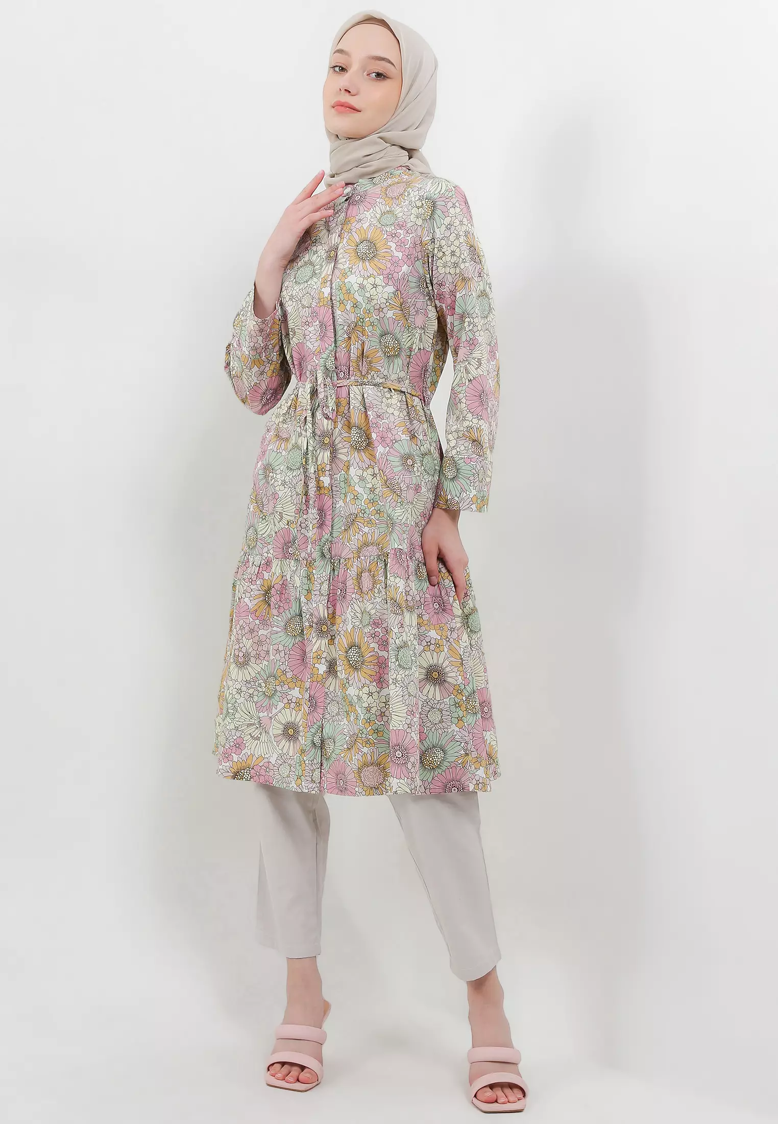 MFMW Minnie Midi Dress Pink Motif Bunga