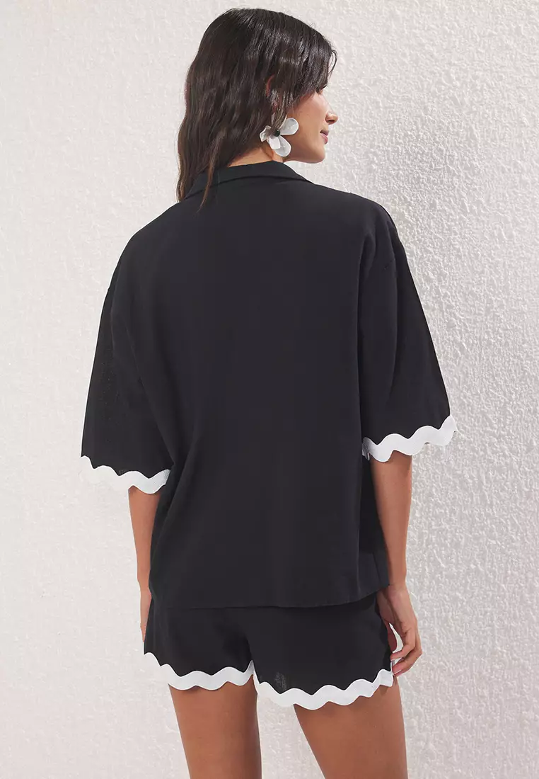 Black-White Stripe Accessory Kimono Shorts Beach Suit Tbess25Au00047