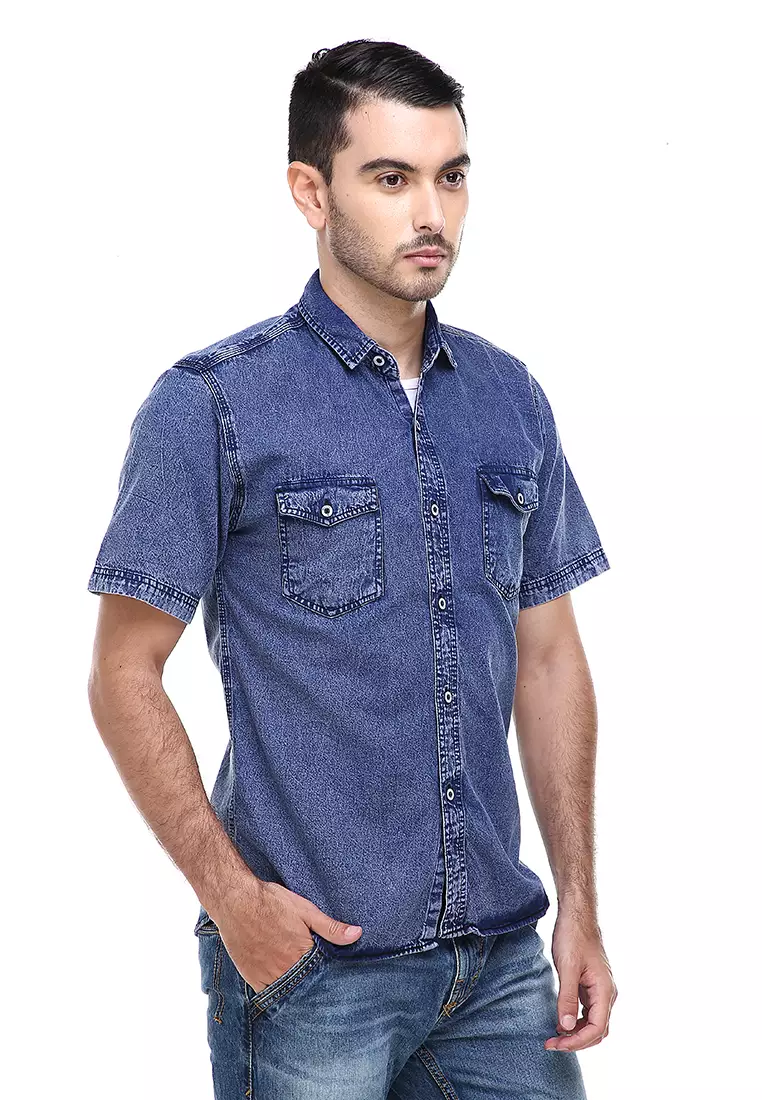 Dwan Casual Shirt Baju Kemeja Jeans Pria Lengan Pendek Material Denim ORIGINAL - Navy