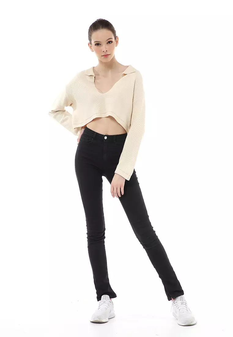 Albertine Atasan Crop Wanita Lengan Panjang Blouse Vneck Motif Polos Material Rajut ORIGINAL - Cream