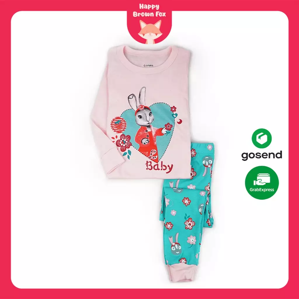 BAJU TIDUR PIYAMA ANAK SETELAN ANAK PEREMPUAN LENGAN PANJANG Lilly Rabbit Flower Garden