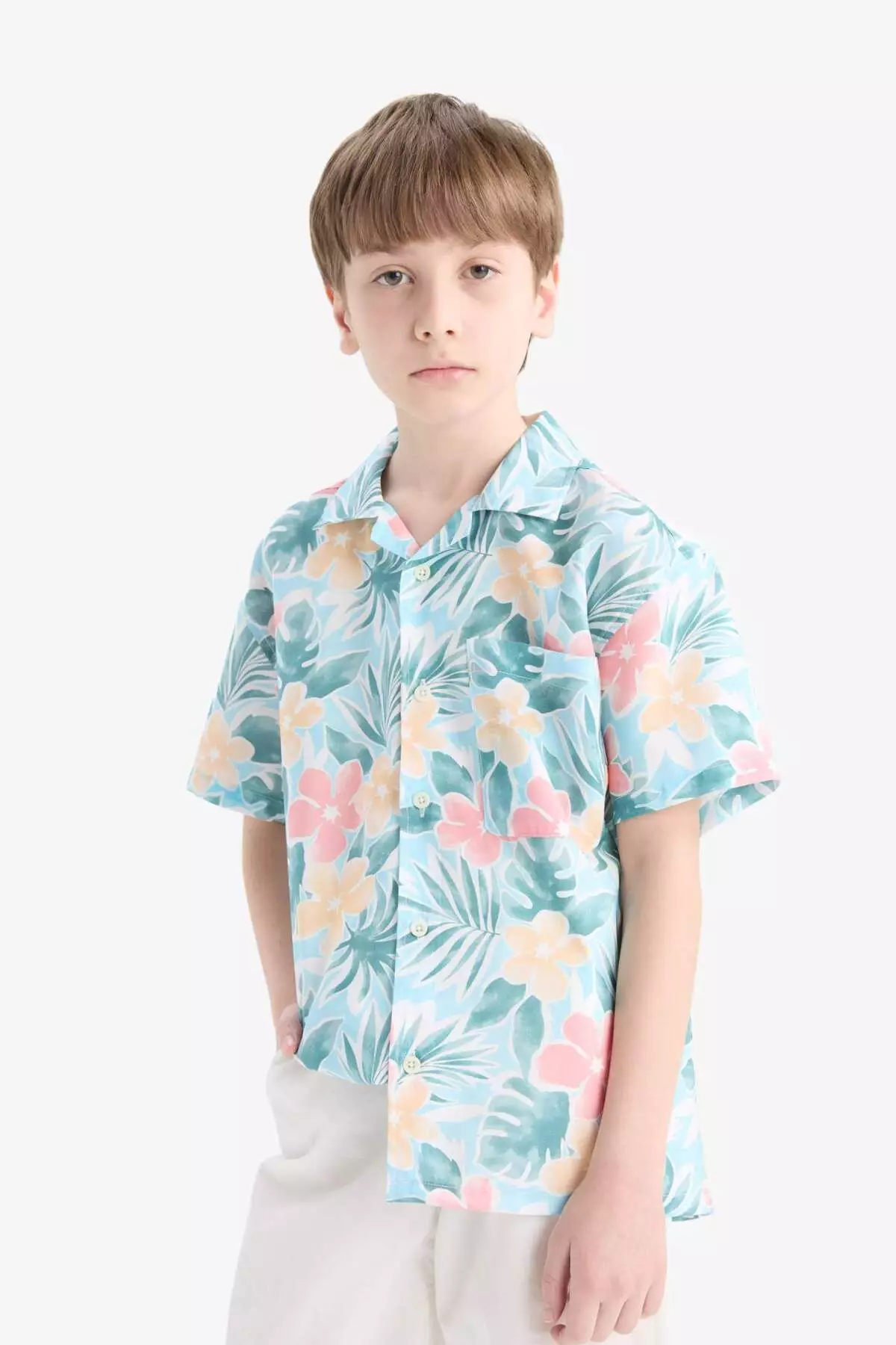 Boy's Oversize Wide Fit Polo Neck Patterned Cotton Short Sleeve Shirt E6653A825Hs