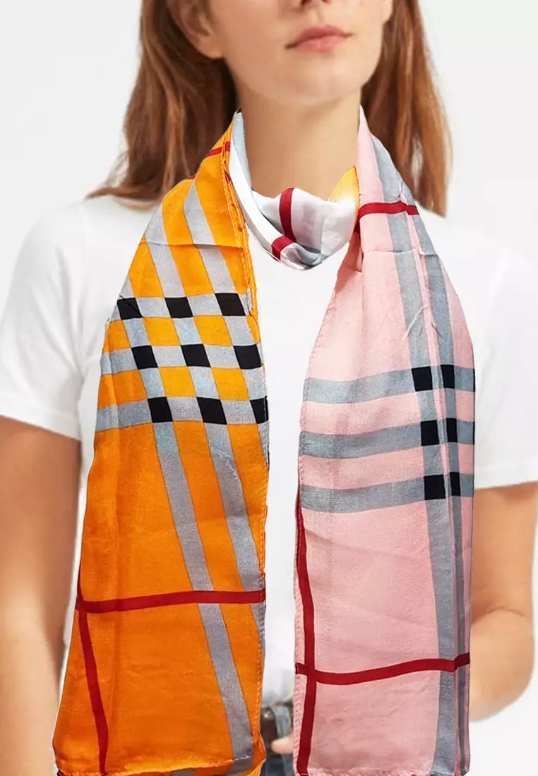 Checkered Poly.-Viscose Scarf Pink & Orange
