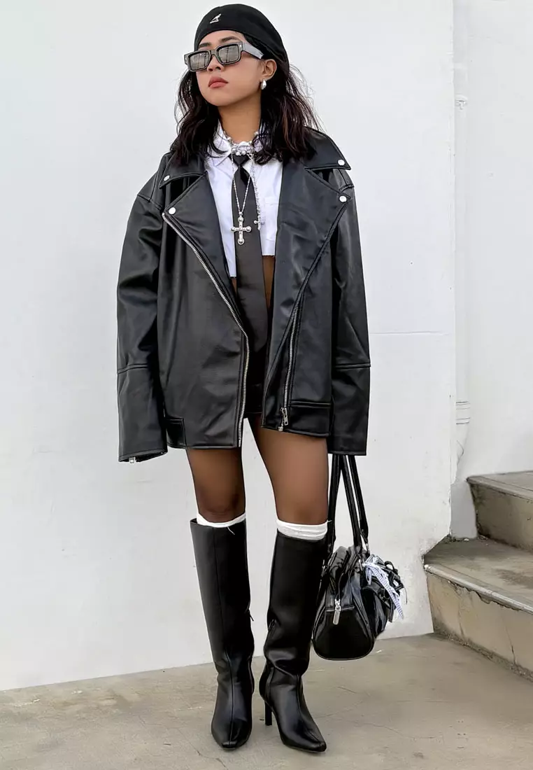 Unisex Belted Oversized Biker Jacket in Black