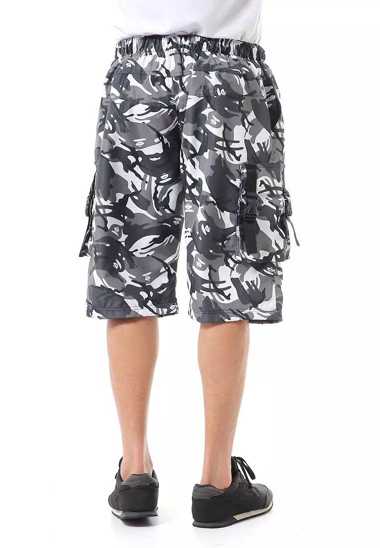 Grissham Celana Cargo Pendek Pria Short Pants Kasual Motif Loreng Material Parasut ORIGINAL - White