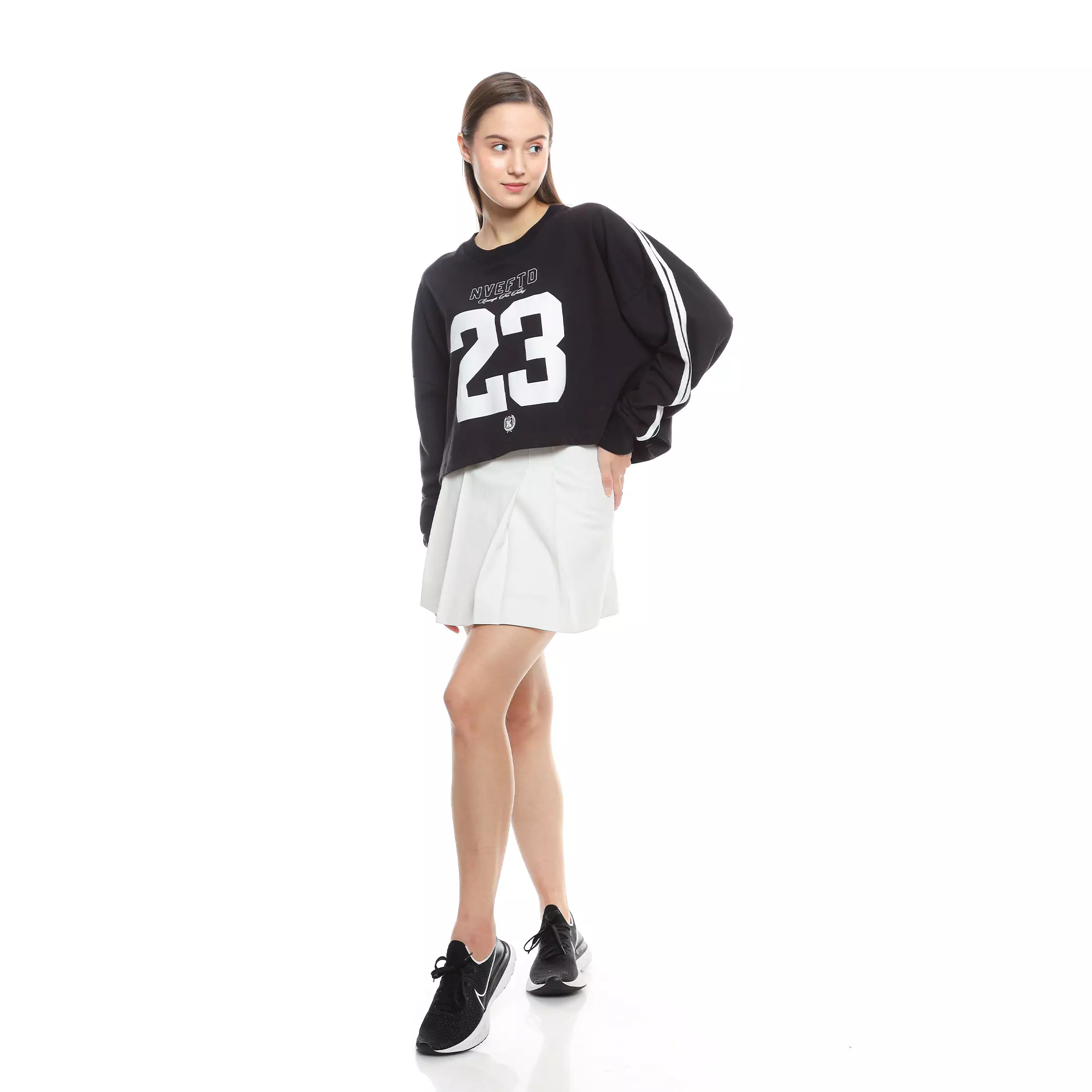 Enough For Today - Sweater Crewneck Crop Oversize Wanita Hitam Variasi Garis Tangan Putih Classic 23
