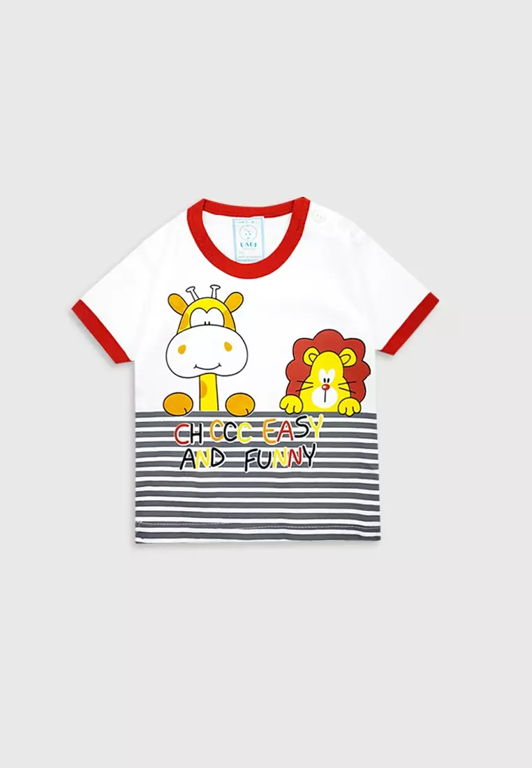 Wakakids Baju Bayi Anak Laki Laki Motif Giraffe and Lion Setelan Celana Pendek Usia 0 Bulan Hingga 6 Bulan 3529 Merah