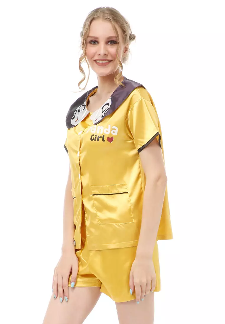 Vance Setelan Baju Tidur Wanita Lengan Pendek Motif Kra Panda Material Satin ORIGINAL - Yellow