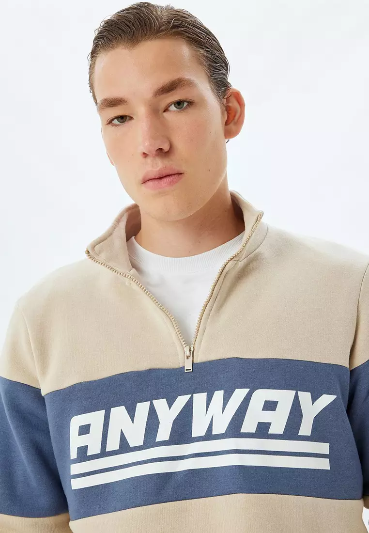 Slogan Printed Sweatshirt Half Zipper Color Block Cotton Blend