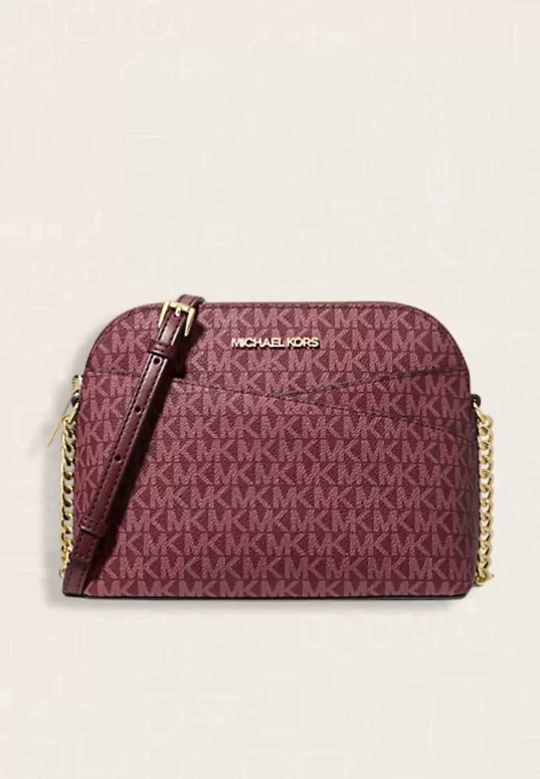 Michael Kors Jet Set Travel Medium Signature Logo Dome Crossbody Bag Oxblood