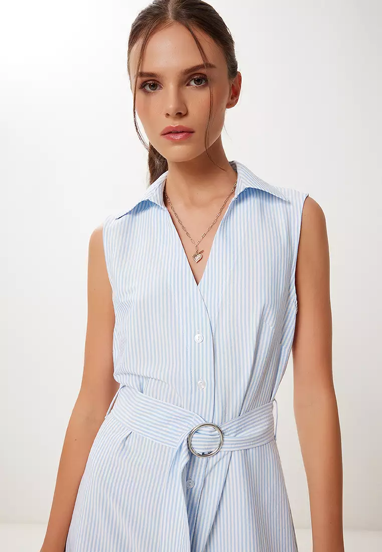 Women's Blue Bone Striped Belted Midi Shirt Dress Rg00069