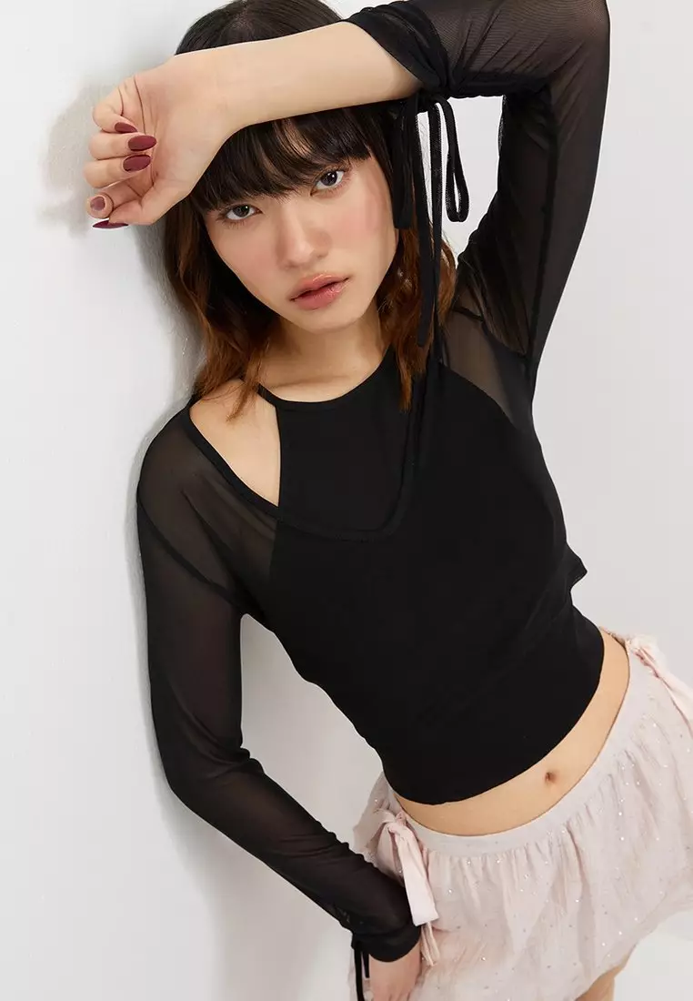 Layered Sheer Crop Top - Black