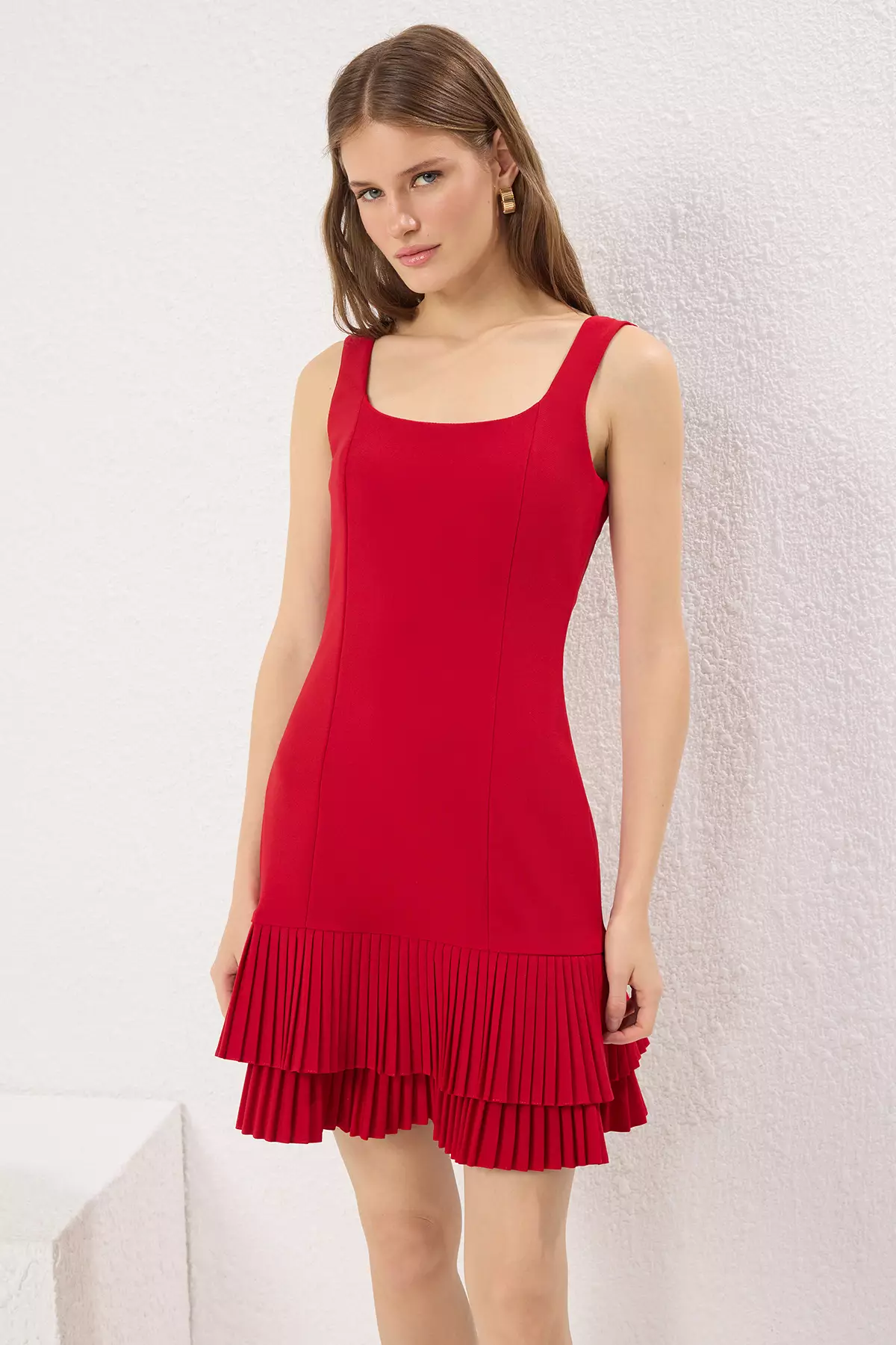 Red Straight Pleated Mini Dress