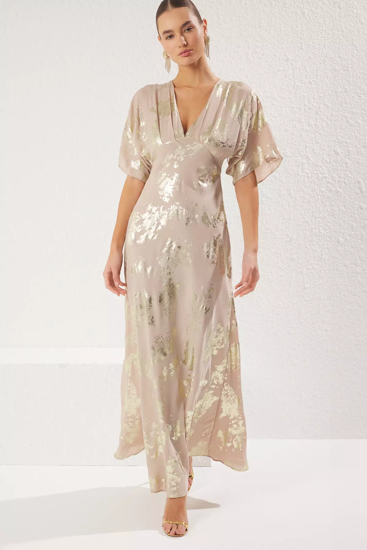 Beige A-Line Crepe Woven Long Elegant