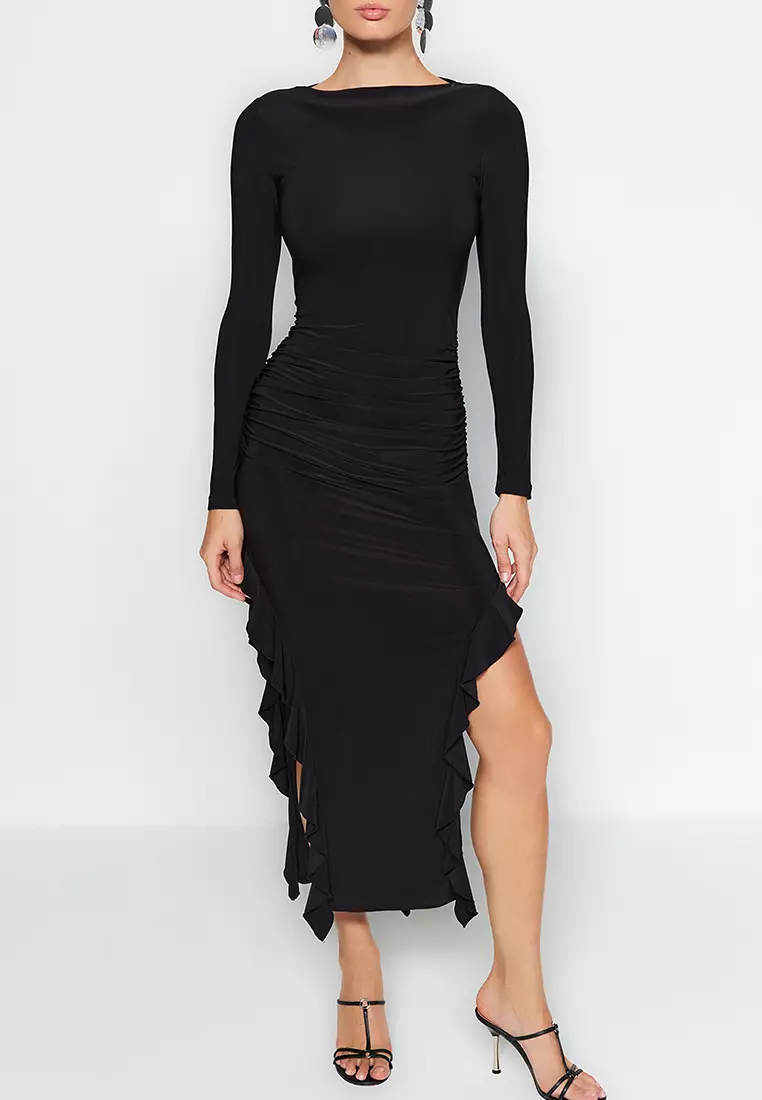 Boat Neck Ruffle Ruched Midi Dress