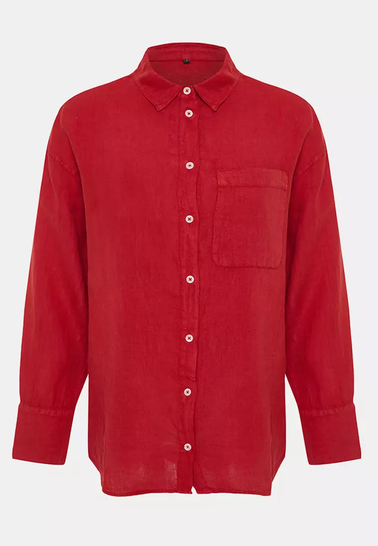 Red 1% Linen Pocket Detailed Oversized Shirt Twoss26Go39