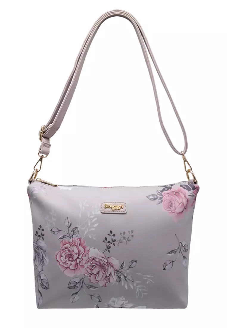 Strawberry Queen Flamingo Sling Bag (Floral AL, Grey)
