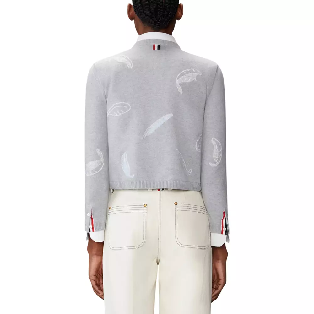 Feather Intarsia Printed Silk Twill Crew Neck Cardigan Pale Grey