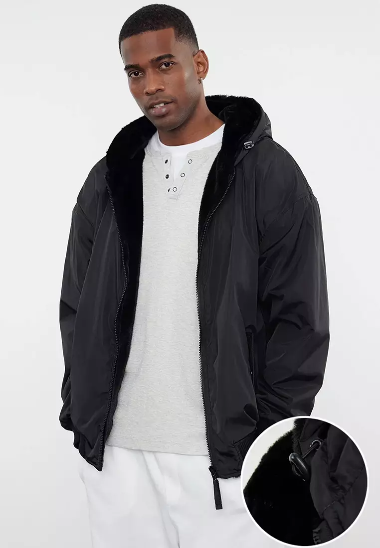 Unisex Black Plush Double-Sided Hooded Winter Coat TMNAW25MO00012