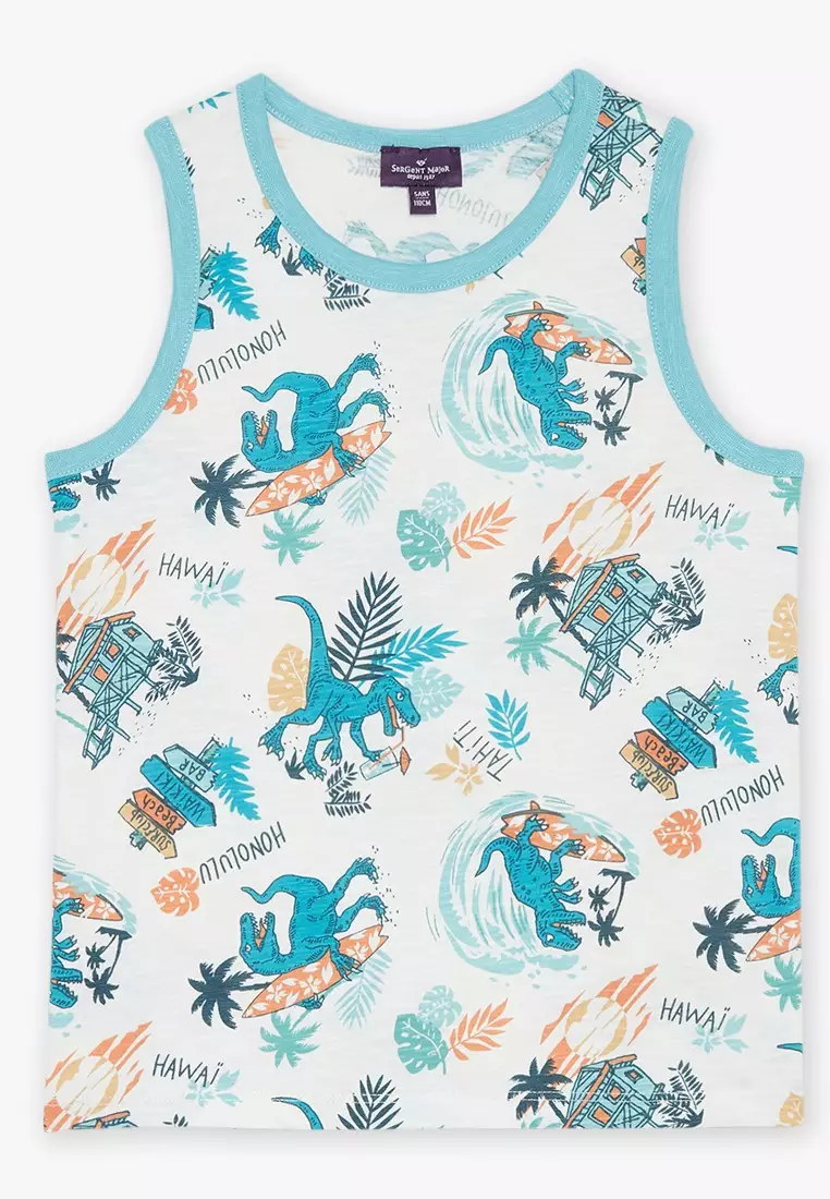 Ecru Tank Top Mit Surfer-Dinosaurier-Print