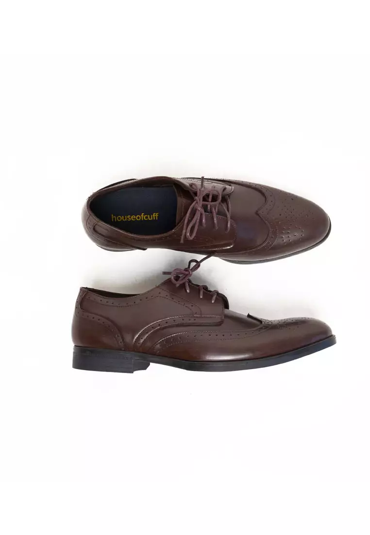 Sepatu kulit pria formal pantofel oxford wing tip coklat tua