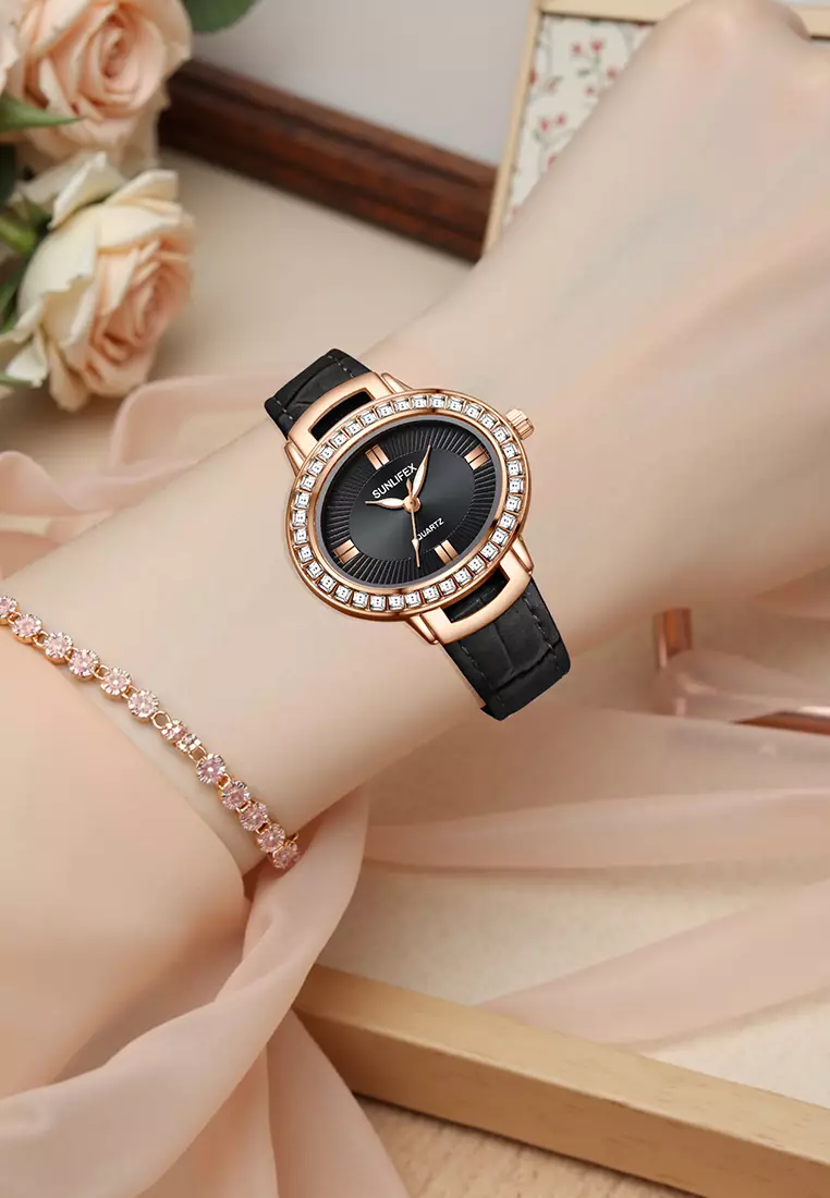 Jam Tangan Wanita Original Korea Kuarsa Antik Tali Kulit Kasual Oval Jam Tangan Cewek E052 black