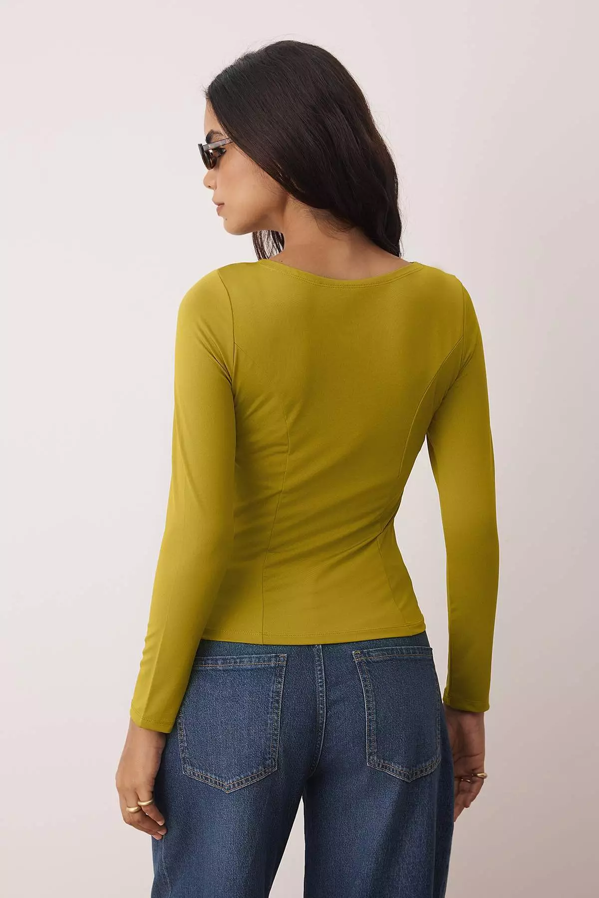Oil Green Fitted Long Sleeve Boat Neck Flexible Knitted Blouse Twoaw26Bz00108