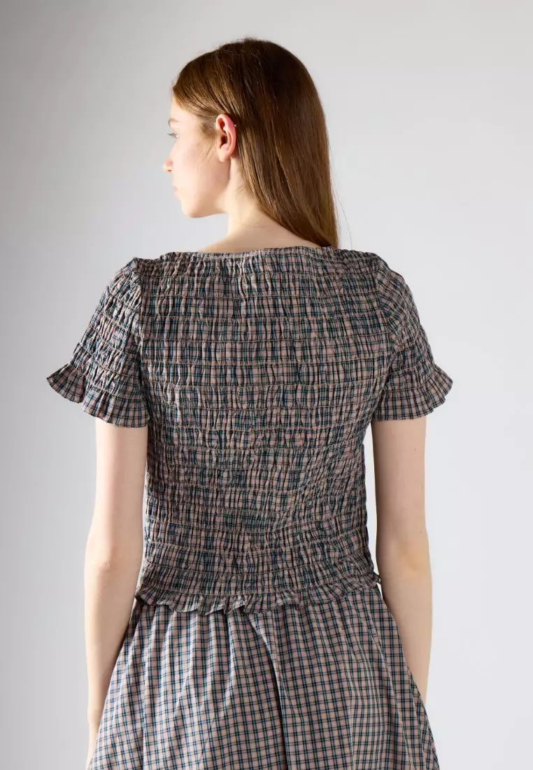Gingham Smocked Fluted-Sleeve Top