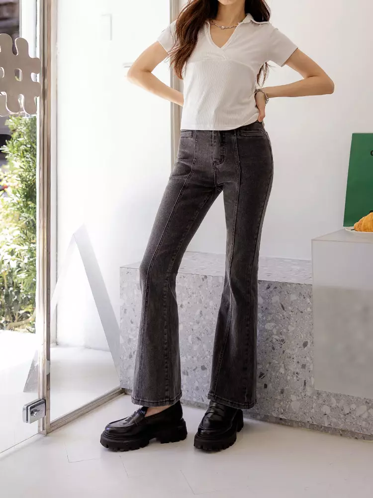 視覺細-5KG．鬆緊腰彈力炒鹽牛仔喇叭顯瘦褲薔薔款《BA7503》