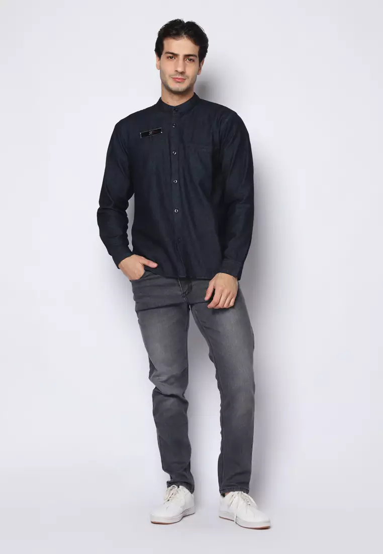 Kemeja Denim Glorys Krah Mandarin K-Bobok L/S Light Black 182504