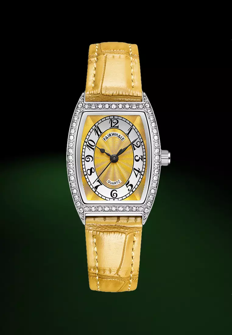 Ladies Barrel Shape Stainless Steel Quartz Watch, Leather Strap