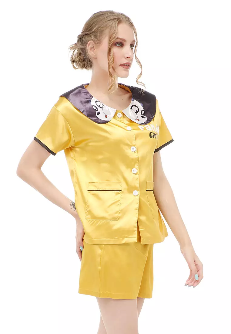 Vance Setelan Baju Tidur Wanita Lengan Pendek Motif Kra Panda Material Satin ORIGINAL - Yellow