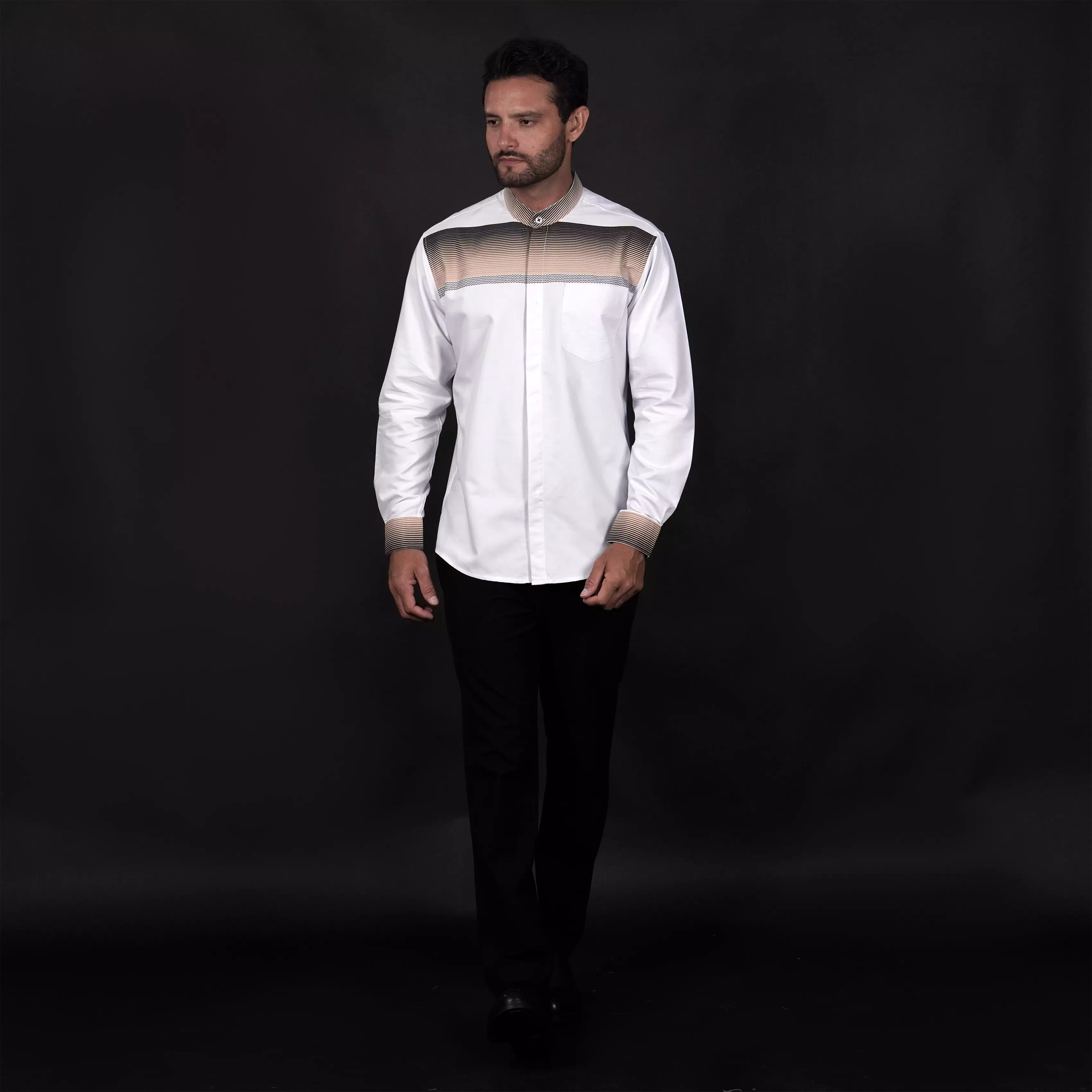 Casella Baju Koko Pria Lengan Panjang Premium Horizontal White | Koko Elegant Ismail Lengan Panjang 9027 White