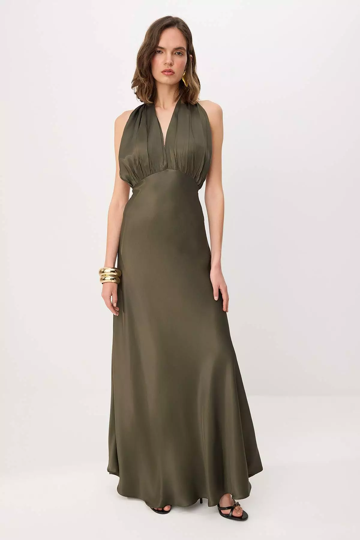 Khaki Plain Woven Satin Maxi Evening Dress & Graduation Dress