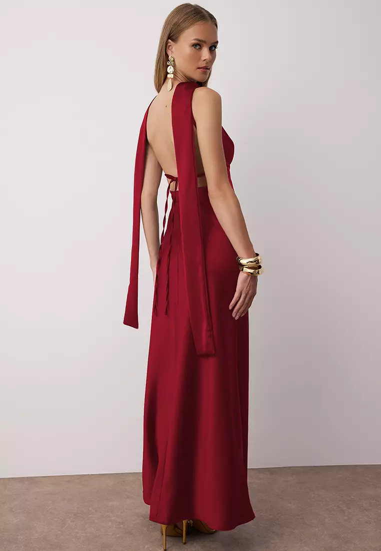 Red Shawl Detailed Satin Woven Maxi Evening Night Graduation Dress