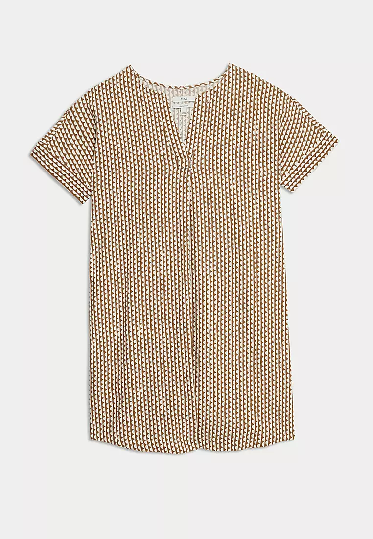 Linen Rich Printed V-Neck Shift Dress