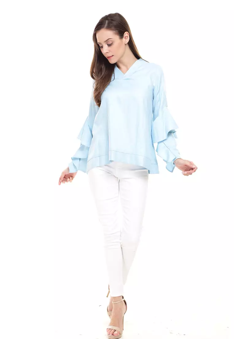 Dorothy Ruffles Sleeves Top Cotton Linen in Sky Blue