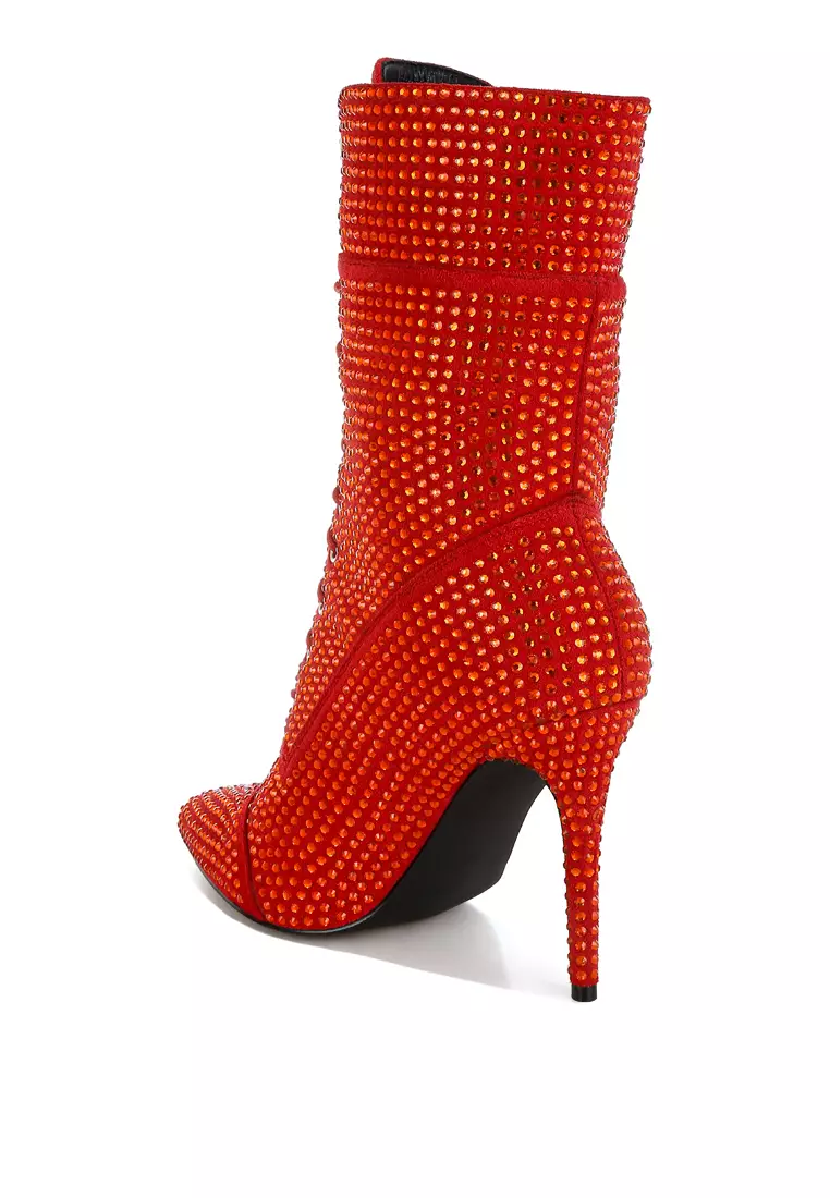 Rhinestones Embellished Calf Boots in Red