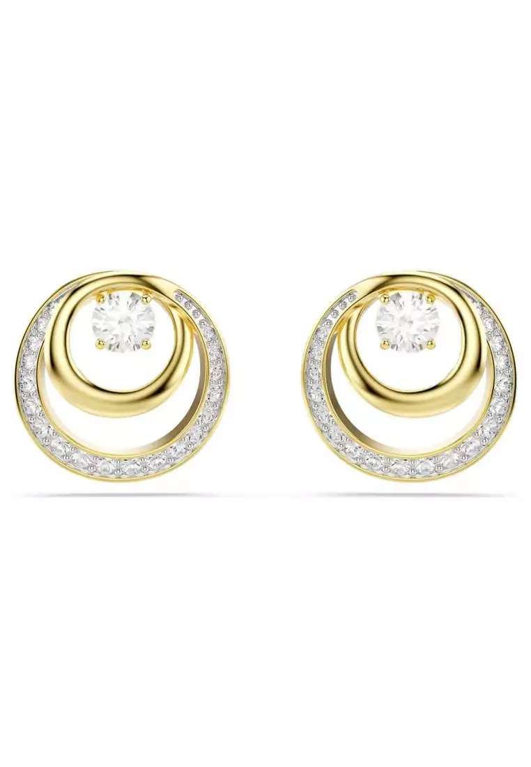 Hyperbola stud earrings, Round cut, White, Gold-tone plated