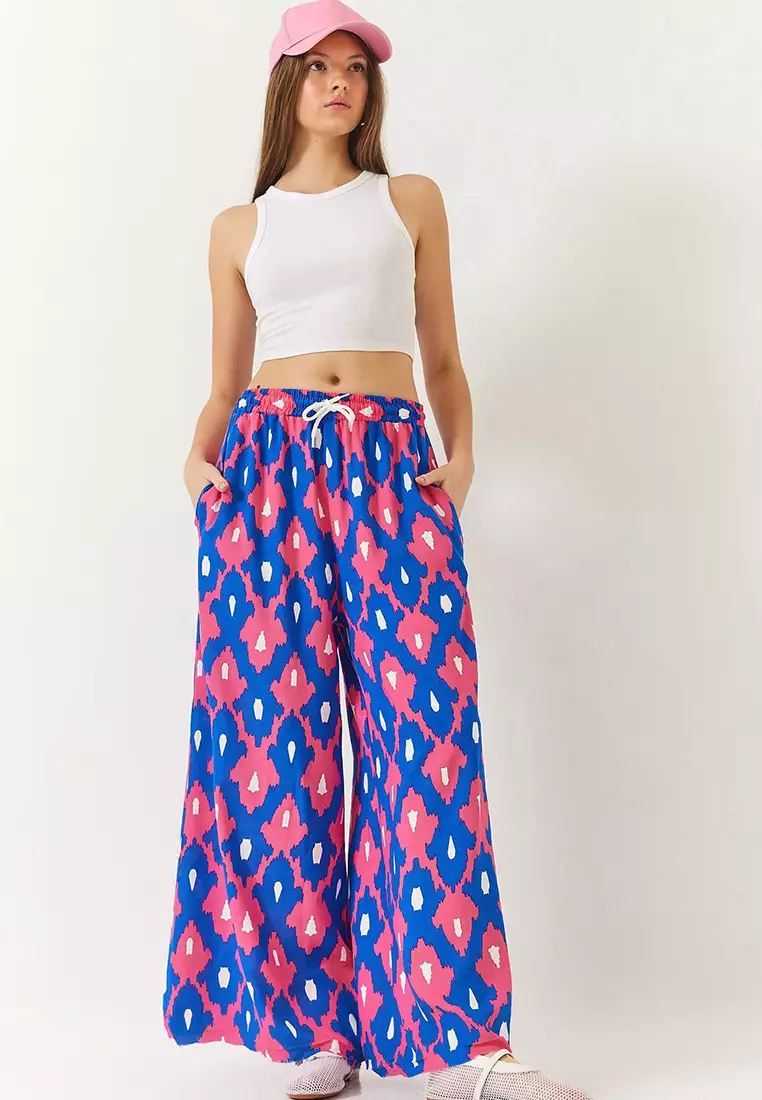Women's Patterned Elastic Waist Laced Pocket Viscose Casual Palazzo Pants 60261435