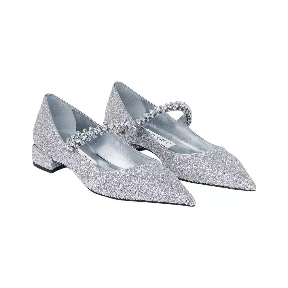 [4.4PRIL KEJUTAN HARGA] Bing 25 Crystal Strap Glitter Fabric Flat Pumps Silver