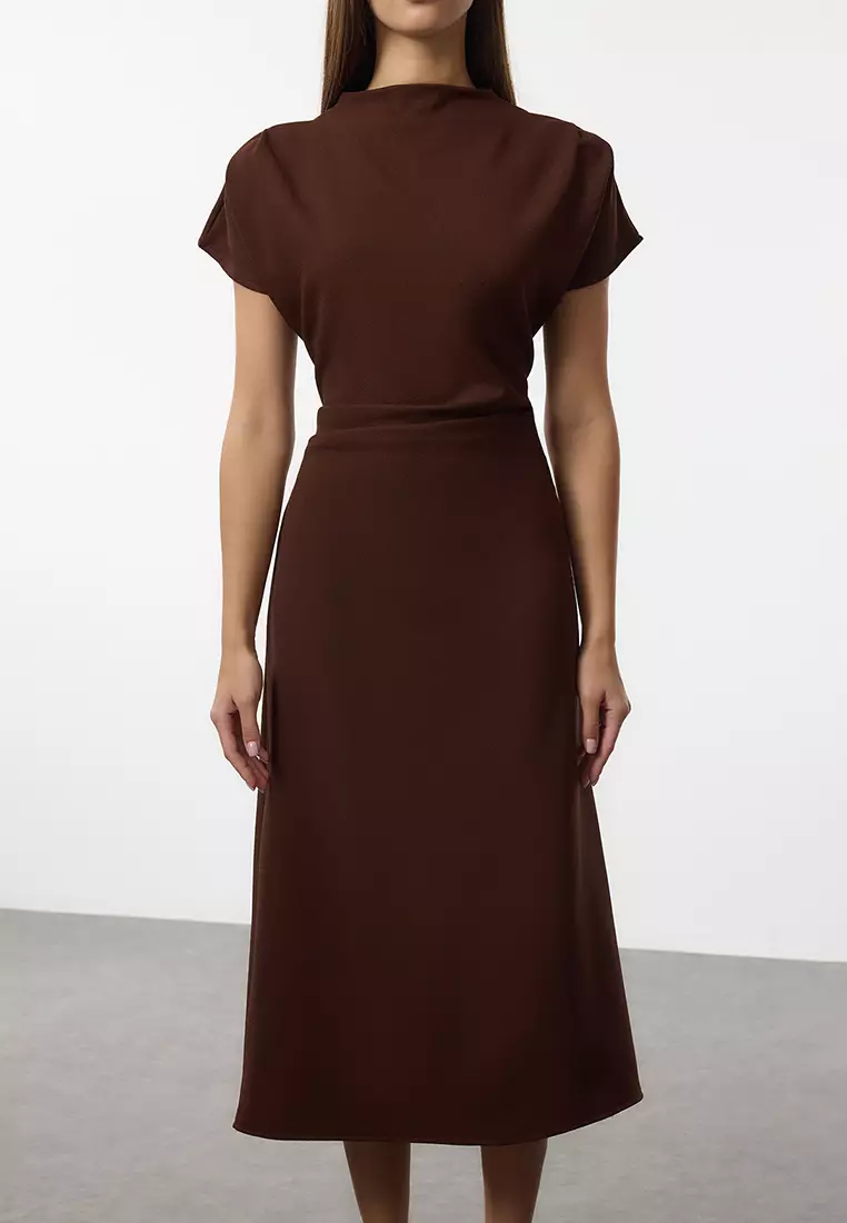 Brown A-Line Cowl Neck Midi Crepe Woven Dress TWOAW25EL00393